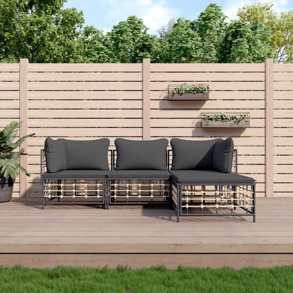 vidaXL 4 pcs conjunto lounge de jardim c/ almofadões vime PE antracite