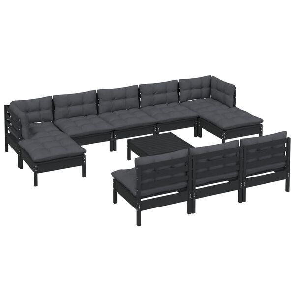 vidaXL 11 pcs conjunto lounge de jardim c/ almofad&otilde;es pinho preto