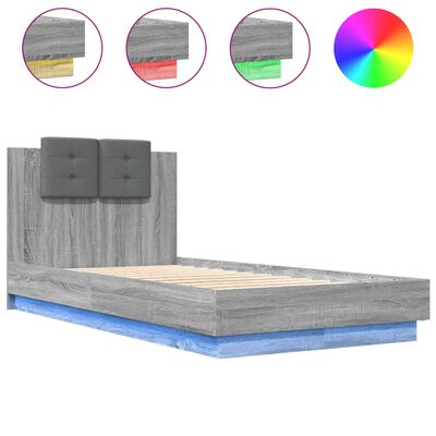 vidaXL Estrutura de cama c/ cabeceira/luzes LED 90x190 cm cinza sonoma