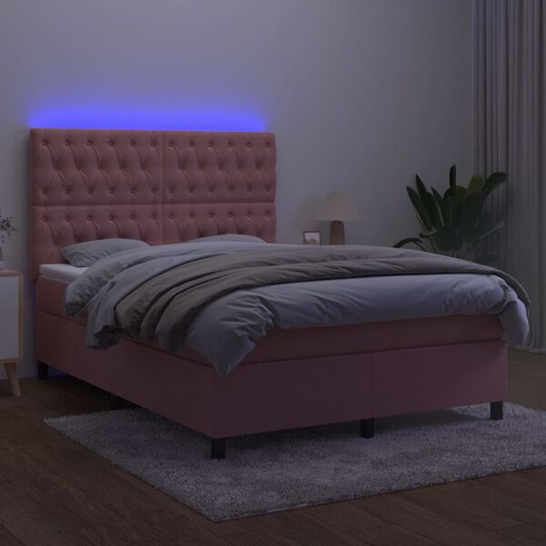 vidaXL Cama box spring c/ colch&atilde;o/LED 140x190 cm veludo rosa