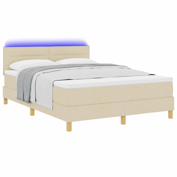 vidaXL Cama Box Spring LED com fitas LED Creme 140 x 190 cm tecido