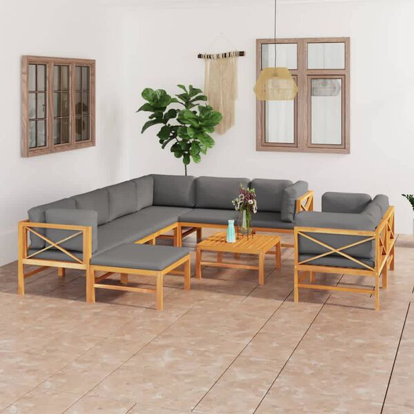 vidaXL 10 pcs conj. lounge jardim c/ almofad&otilde;es cinzentos teca maci&ccedil;a