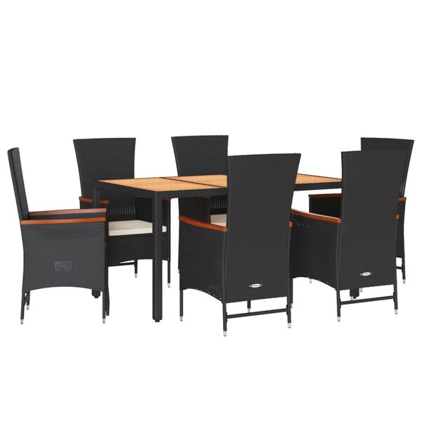 vidaXL 7 pcs conjunto de jantar p/ jardim c/ almofad&otilde;es vime PE preto