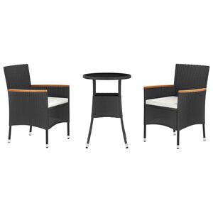 vidaXL 3 pcs conjunto bistr&ocirc; de jardim c/ almofad&otilde;es vime PE preto