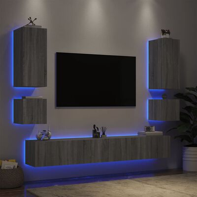 vidaXL 6 pcs móveis de parede para TV com luzes LED cinzento sonoma
