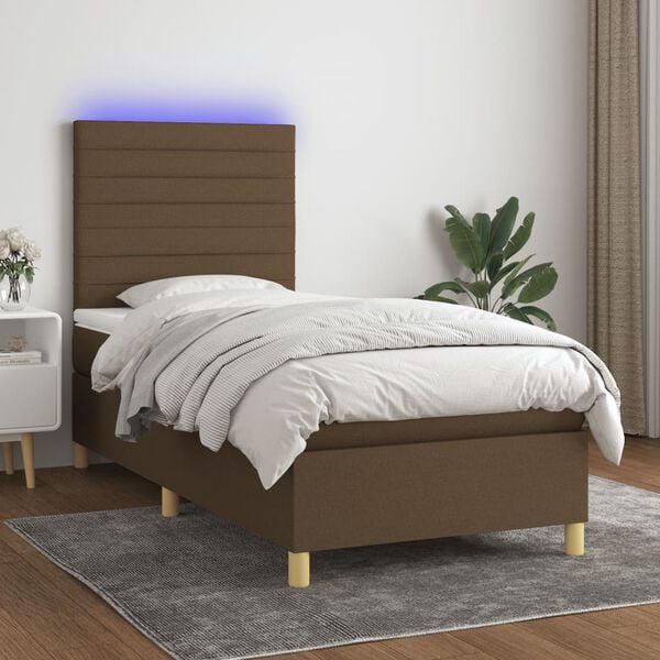 vidaXL Cama box spring c/ colch&atilde;o/LED 90x200 cm tecido castanho-escuro