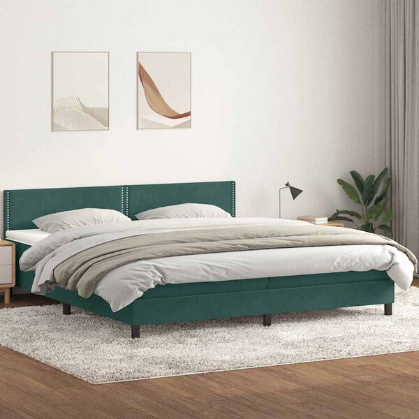 vidaXL Cama box spring c/ colch&atilde;o e LED 180x210 cm veludo verde-escuro