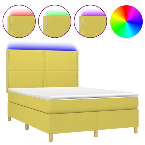 vidaXL Cama box spring c/ colch&atilde;o e LED 140x200 cm tecido verde