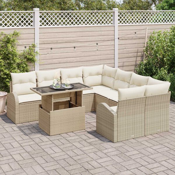 vidaXL Conjunto de Sof&aacute; de Jardim 9 pcs Bege Rattan de Polipropileno