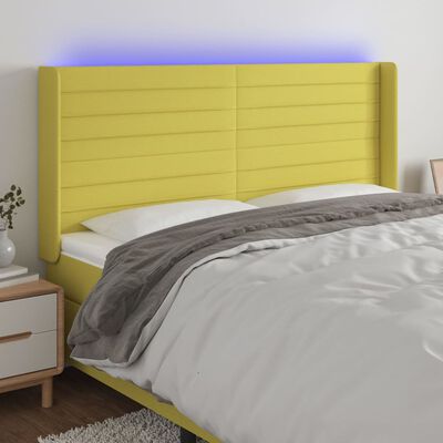 vidaXL Cabeceira de cama c/ luzes LED tecido 163x16x118/128 cm verde