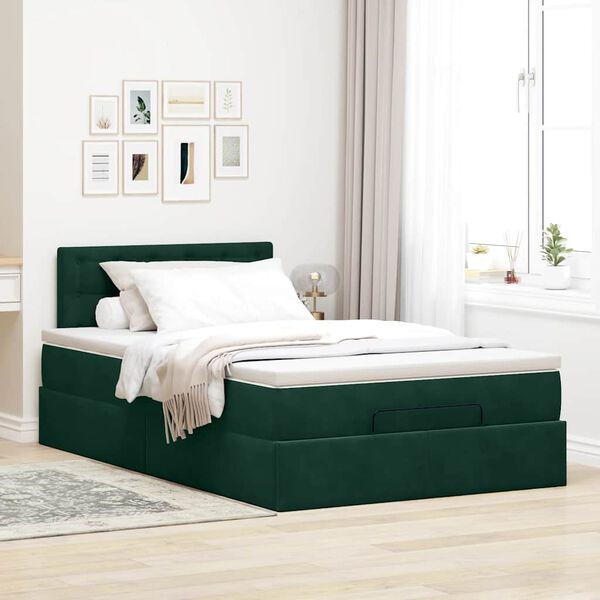 vidaXL Estrutura de cama otomana com colch&atilde;o verde escuro veludo