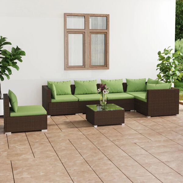 vidaXL 7 pcs conjunto lounge de jardim c/ almofad&otilde;es vime PE castanho