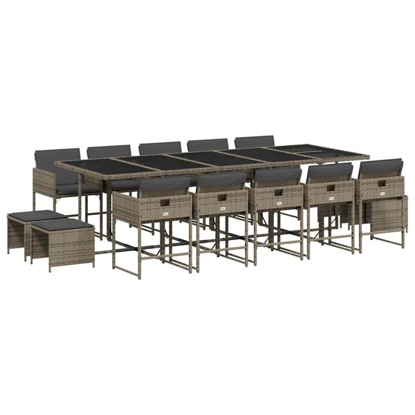 vidaXL 15 pcs conjunto jantar p/ jardim c/ almofad&otilde;es vime PE cinzento