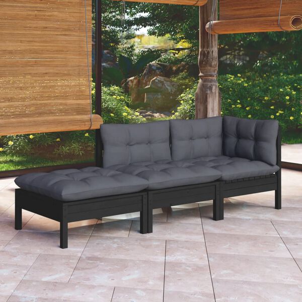 vidaXL 3 pcs conjunto lounge de jardim c/ almofad&otilde;es pinho maci&ccedil;o