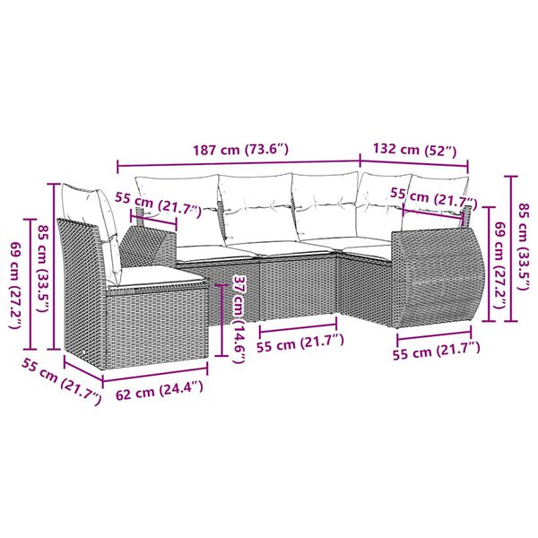 vidaXL 5 pcs conjunto sof&aacute;s de jardim com almofad&otilde;es vime PE preto