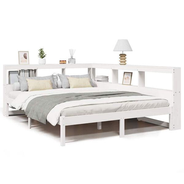vidaXL Cama com estante sem colch&atilde;o 140x190 cm pinho maci&ccedil;o branco