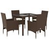 vidaXL 5pcs conjunto jantar jardim c/almofad&otilde;es vime PE/vidro castanho