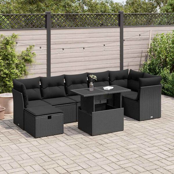 vidaXL 8 pcs conjunto sof&aacute;s de jardim com almofad&otilde;es vime PE preto