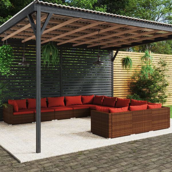 vidaXL 11 pcs conjunto lounge jardim c/ almofad&otilde;es vime PE castanho