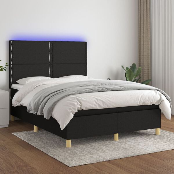vidaXL Cama box spring c/ colch&atilde;o e LED 140x190 cm tecido preto
