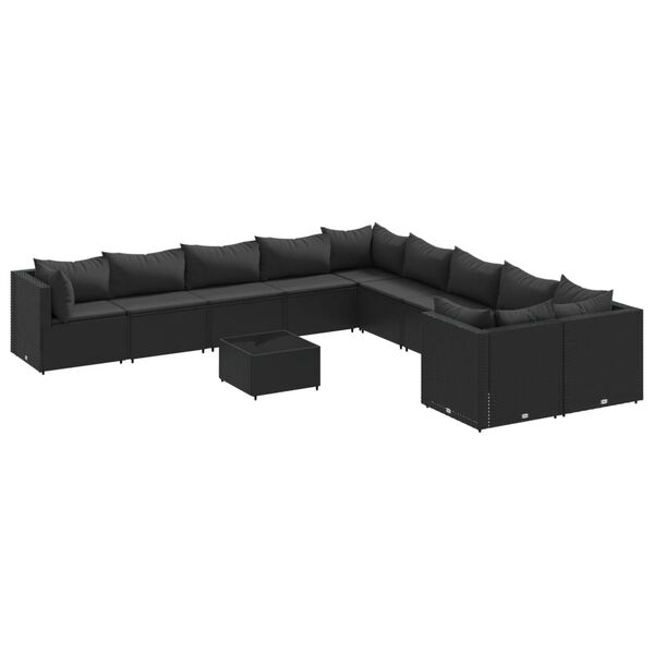 vidaXL 11 pcs conjunto sofás de jardim c/ almofadões vime PE preto