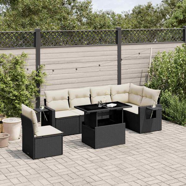 vidaXL 7 pcs conjunto de sof&aacute;s p/ jardim c/ almofad&otilde;es vime PE preto