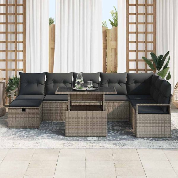 vidaXL Conjunto de Sof&aacute; de Jardim 9 pcs Cinzeto Rattan Sint&eacute;tico
