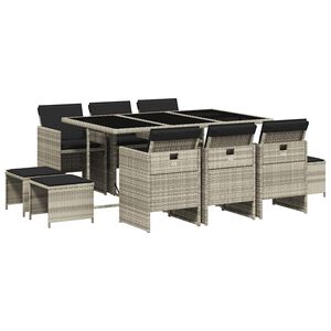 vidaXL 11 pcs conjunto jantar p/ jardim c/ almofad&otilde;es vime PE cinzento