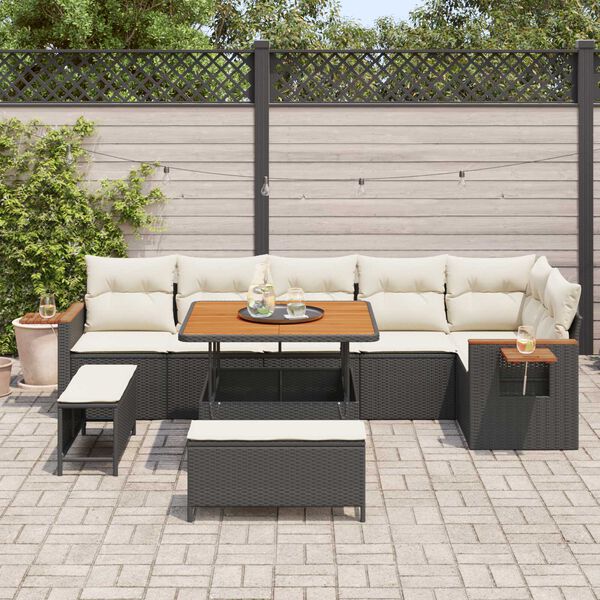 vidaXL Conjunto de Sof&aacute; de Jardim com almofada 9 pcs Preto e Creme