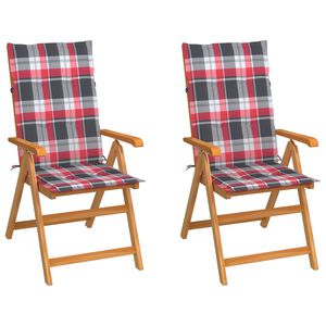 vidaXL Conjunto de 2 cadeiras dobr&aacute;veis com almofadas em padr&atilde;o xadrez vermelho e madeira maci&ccedil;a de teca.