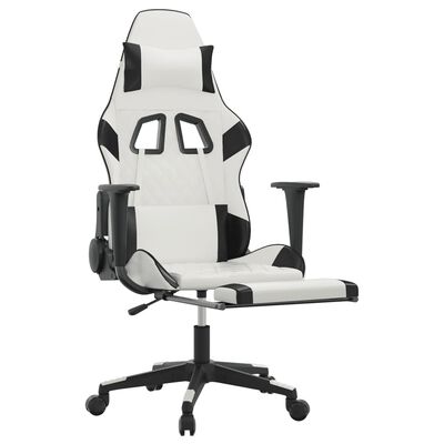 vidaXL Cadeira gaming c/ apoio p/ pés couro artificial preto e branco