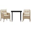 vidaXL 3 pcs conjunto de jantar p/ jardim com almofad&otilde;es vime PE bege