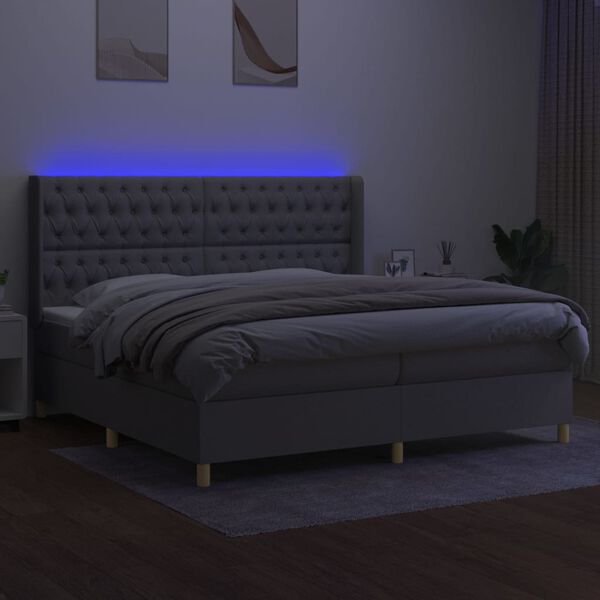 vidaXL Cama box spring c/ colch&atilde;o e LED 200x200 cm tecido cinza-claro