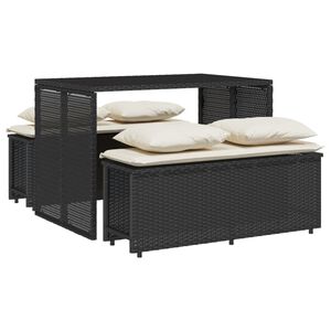 vidaXL 3 pcs conjunto de jantar p/ jardim c/ almofad&otilde;es vime PE preto