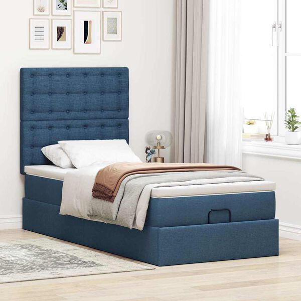 vidaXL Estrutura de cama otomana com colch&atilde;o tecido azul 90x190cm