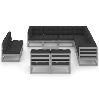 vidaXL 12pcs conjunto lounge de jardim + almofadões pinho maciço cinza