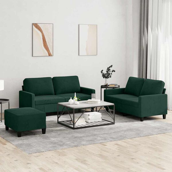vidaXL 3 pcs conjunto de sof&aacute;s com almofad&otilde;es veludo verde-escuro