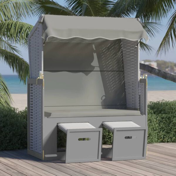 vidaXL Strandkorb com toldo vime PE e madeira maci&ccedil;a cinzento