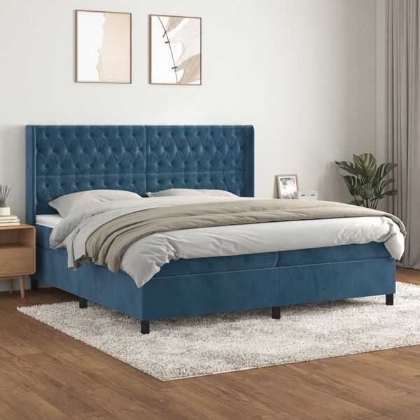 vidaXL Cama com molas/colch&atilde;o 200x200 cm veludo azul-escuro