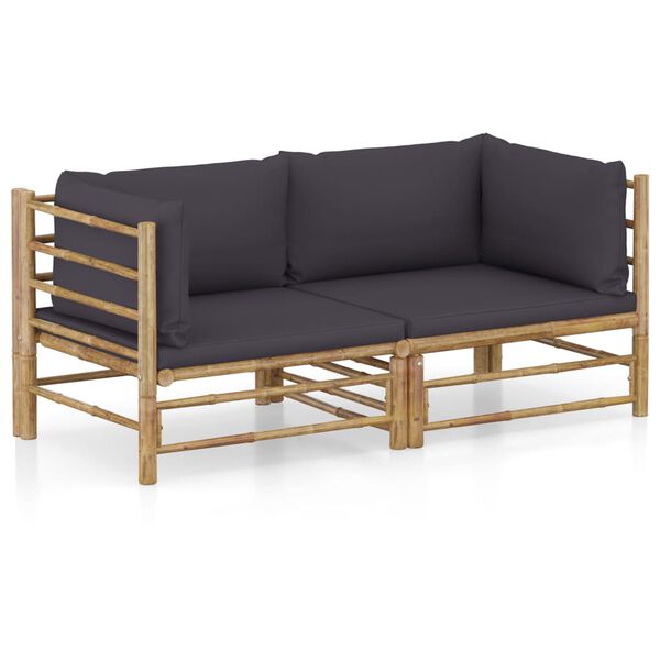 vidaXL 2pcs conj. lounge de jardim bambu c/ almofadões cinzento-escuro