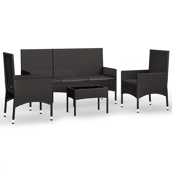 vidaXL 4 pcs conjunto lounge de jardim c/ almofadões vime PE preto