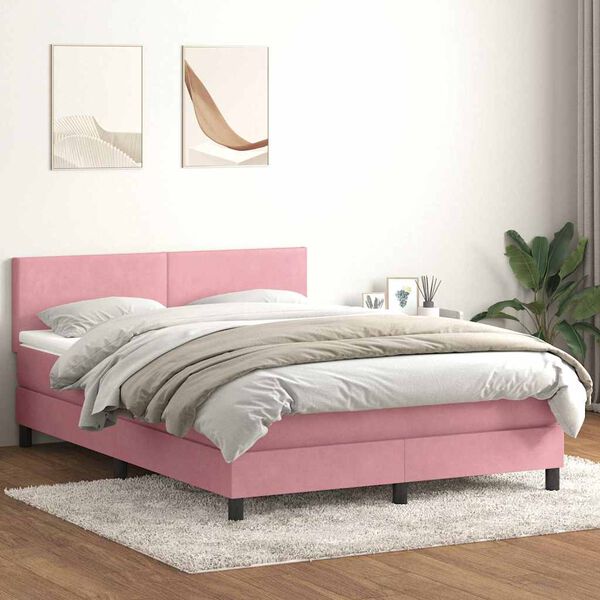 vidaXL Cama box spring c/ colch&atilde;o e LED 140x210 cm veludo Rosa