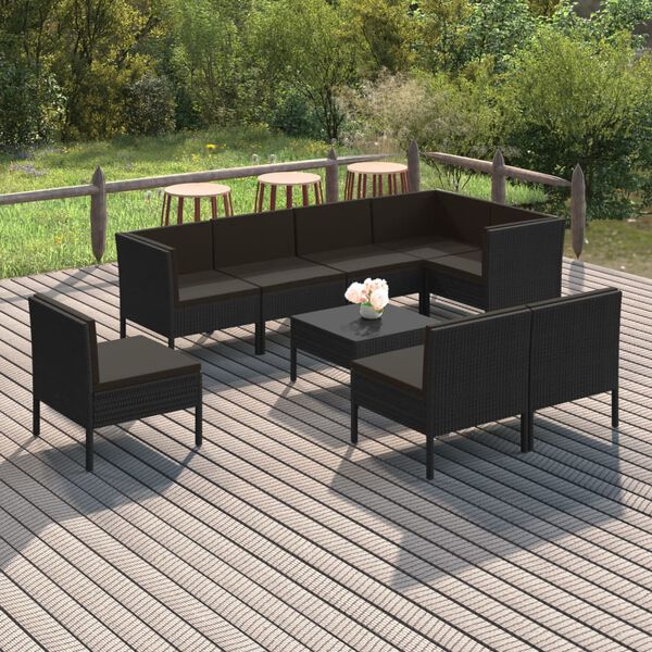 vidaXL 9 pcs conjunto lounge de jardim c/ almofadões vime PE preto