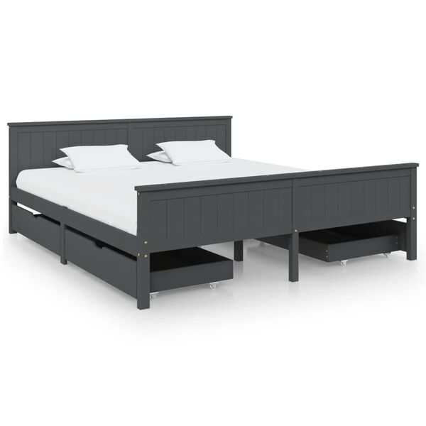 vidaXL Estrutura cama c/ 4 gavetas 200x200cm pinho maci&ccedil;o cinza-escuro