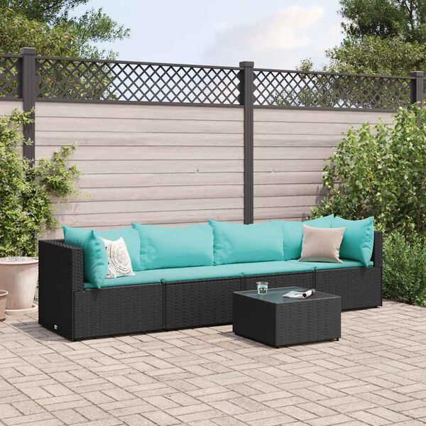 vidaXL 5 pcs conjunto lounge de jardim c/ almofadões vime PE preto