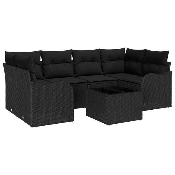 vidaXL Conjunto de Sof&aacute; de Jardim 7 pcs Preto Rattan e A&ccedil;o e Vidro