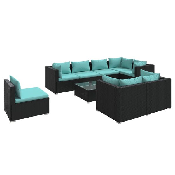 vidaXL 9 pcs conjunto lounge de jardim c/ almofad&otilde;es vime PE preto