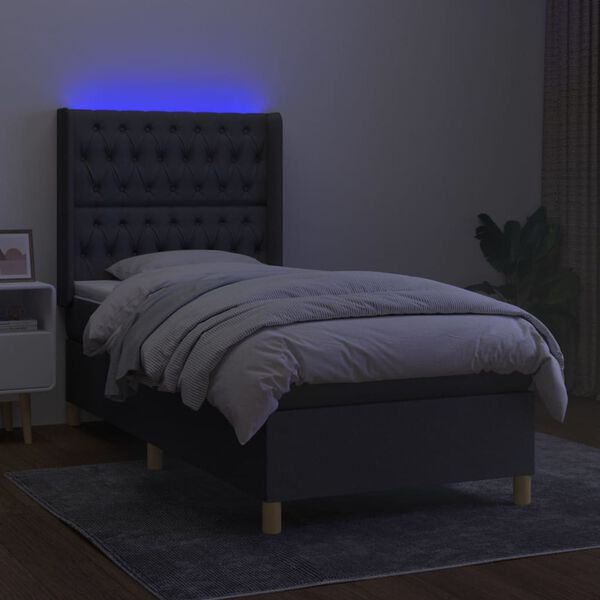vidaXL Cama box spring c/ colch&atilde;o e LED 100x200 cm tecido cinza-escuro