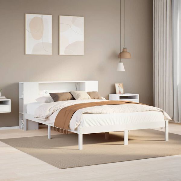 vidaXL Cama com estante sem colchão 140x200 cm pinho maciço branco