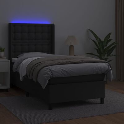 vidaXL Cama box spring c/ colchão/LED 100x200cm couro artificial preto
